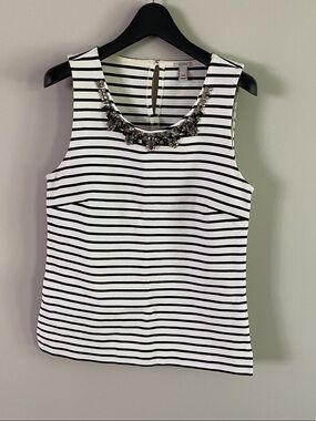 J. Crew Black & White Striped Jeweled Neck Sleeveless Top